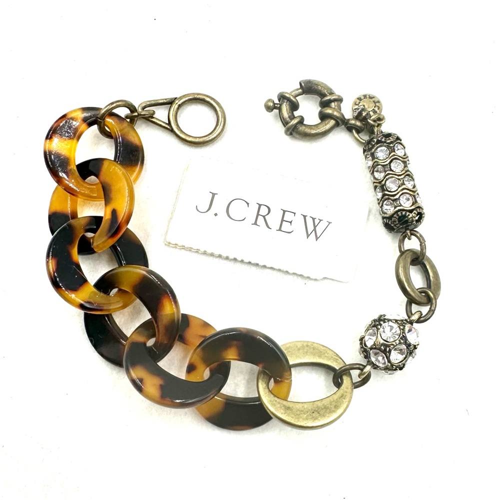 J Crew Rhinestone Faux Tortoise Circle Link Brassy Gold Tone Bracelet